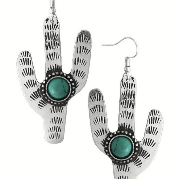 Silver Turquoise Cactus Western Dangle Earrings - Picture 3 of 5